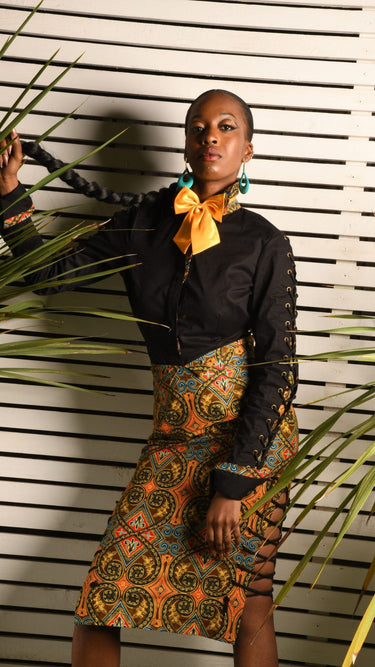 CELESTIAL Haniah Black Peekaboo Shirt with Ankara Inset & Eyelet Lacing